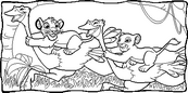 coloriage simba et nala jouent avec les autruches